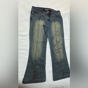 Y2K Jou Jou Gray Wide-Leg Jeans with Brown Zigzag Embroidery